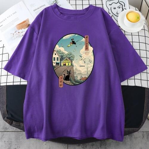 Japanese Cartoon Kikis Delivery Service Print Womens Tshirts Short Sleeve Tops Fashion T shirts Loose Casual Womens T-shirts