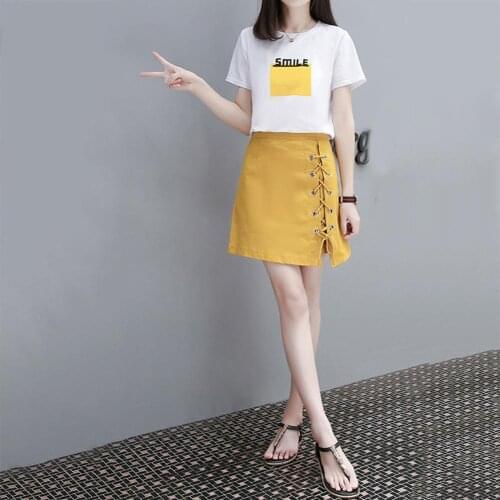 2021 Summer 90S Y2K Korean Top And Skirt Set Women Short Sleeve O Neck T-shirt Top High Waist A Line Mini Side Strap Skirt Set