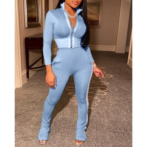 2020 Women Fashion Elegant Casual Fit Coat Long Pants Set Autumn Sheath Short Sporty Striped Tape Coat & Long Pants Set Woman