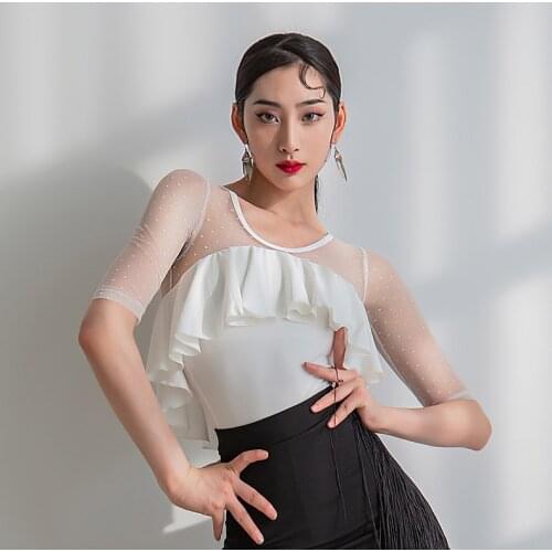 New Latin Dance Tops Women Summer Latin Dance Practice Clothes Short Sleeves Ruffles Black Shirts Ballroom Dance Costume BL6543