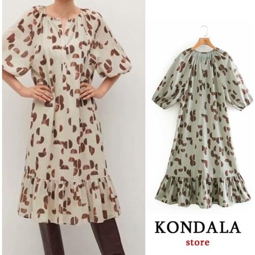 KONDALA Za Women 2021 Fashion Flared design geometric print dress Long Sleeve Vintage Vestido Mujer Chic Elegant Dress