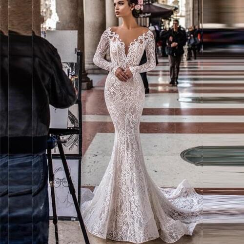 New Fashion Long Sleeve Mermaid Wedding Dresses 2020 Open Back Bridal Wedding Gowns For Bride Robe De Mariee