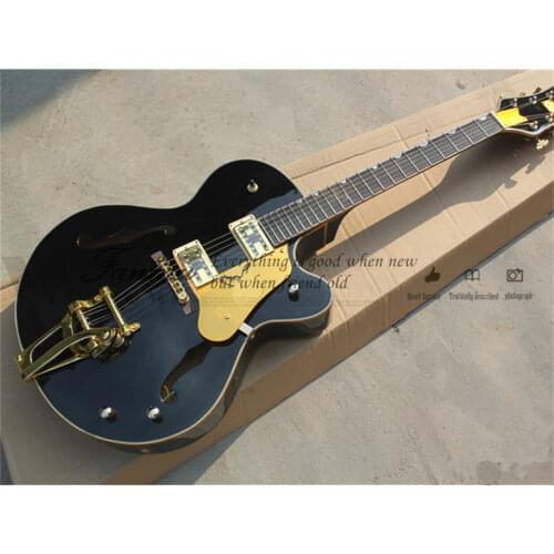 Custom 6 string guitar,semi hollow black guitar ,HH pickups,gold binding,gold button,tremolo bridge