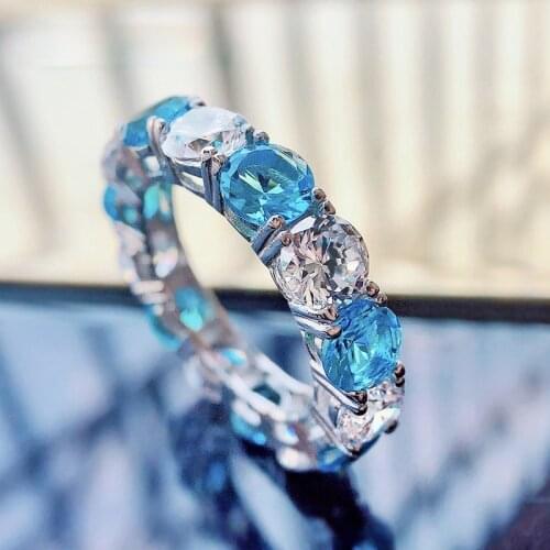 925 Sterling Silver Round Cut Aquamarine Topaz Diamond Finger Rings for Women Anniversary Cocktail Party Fine Jewelry