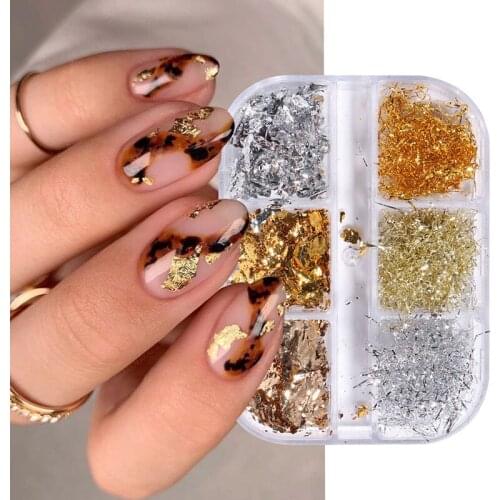 6Grid/Box Gold Silver Foil Glitter Flakes Irregular Aluminum Foil Sequins DIY Nail Design Shinny Nail Art Decoration Accessories