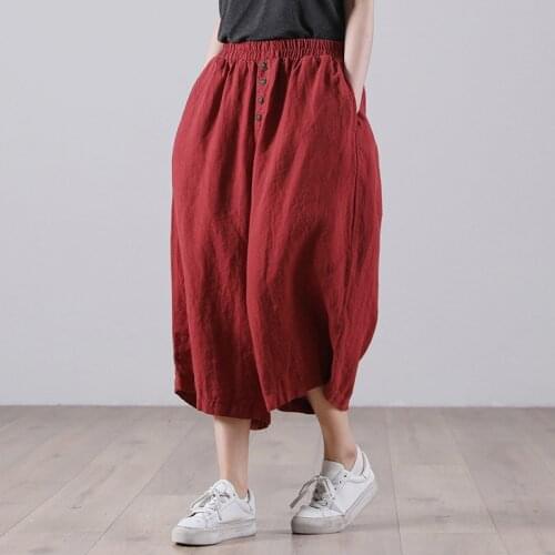21New Women Pants Summer Linen Retro Loose Solid Color Buttons Female Wild Calf-Length Wide-Leg Trousers