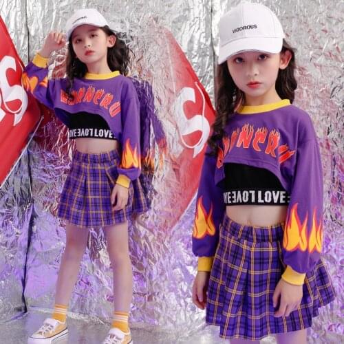 Neon clothes kids jazz costume street dance clothing kids hip hop clothing girls plaid hip hop skirt crop tops performance dance