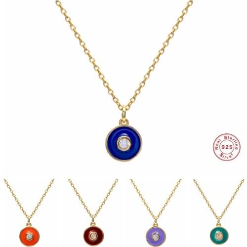 GS 925 Sterling Silver Colorful Enamel Round Pendant Necklaces For Women Zircon Disc Charm Necklace Party Fine Jewelry Gift