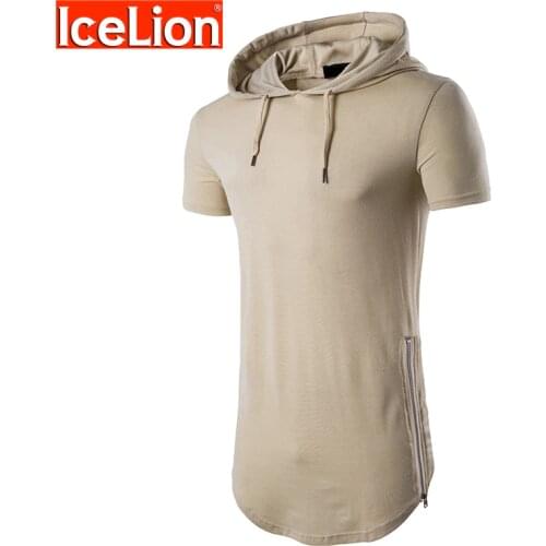 IceLion 2021 Summer Long T Shirt Men Short Sleeve Hooded T-shirt Fashion Side Zipper Mens Tshirt Casual Hip Hop Streetwear