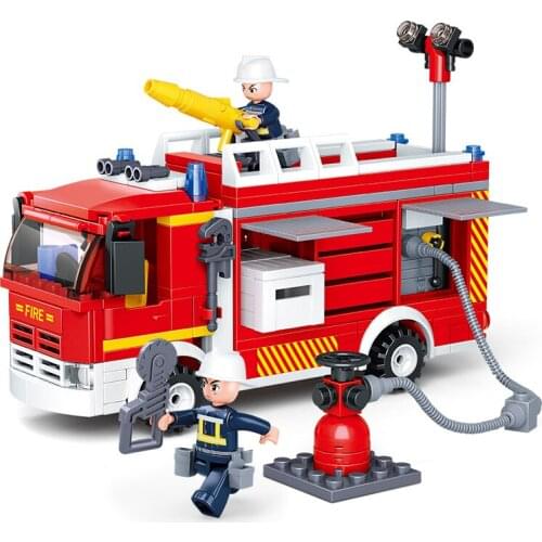SLUBAN 2021 City Fire Fighting Truck Car Vehicle Police Firemen Figures Hero Building Blocks Bricks Assemble Children Toys Gift