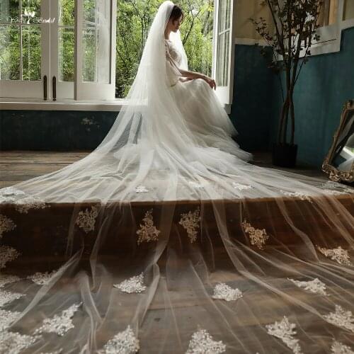 LZ537 Elegant Lace Two Layer Cathedral Wedding Veil Soft Tulle Bridal Veil