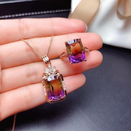 Fashion luxurious square 10*14mm 925 Silver natural Ametrine pendant ring natural gemstone jewelry woman party gift set jewelry