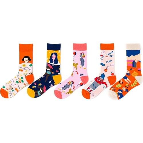 Funny Womens Socks Kawai Fruit Animal Illustration Design Abstract Painting Personality Skateboard Unisex Men Female Happy Sock
