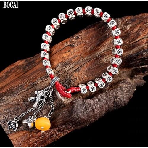 BOCAI New Real Pure s925 silver Jewelry distressed weaving, trendy Bracelet Retro Ethnic style Beautiful Woman Bracelet