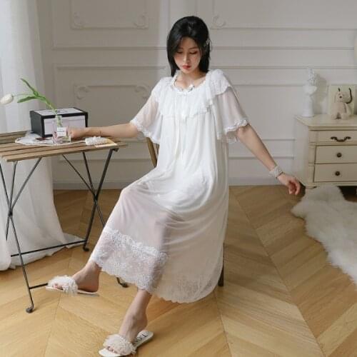 Sexy Summer Lace sleepwear lingerie women Modal cotton sleep dress court Style princess long nighties for women nightgown White