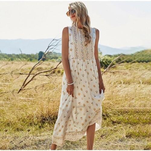 Dresses for women 2021 Small floral Round neck sleeveless women summer midi dress Loose Casual boho Party beach dress Streetwear