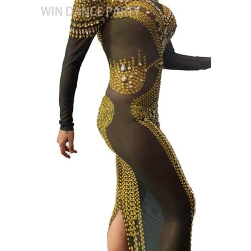 Luxury Rhinestone Dresses for Women Mesh Dress Female Singer Dancer Stage Costumes Nightclub Celebrate Party Performance Clothes