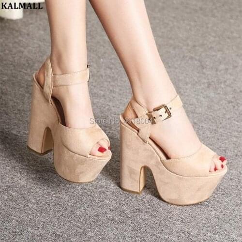 KALMALL Black Beige Platform Sandals Women Buckle Strap Block High Heels Peep Toe Flock Shoes Nightclub Stage Sandals 15 cm Heel