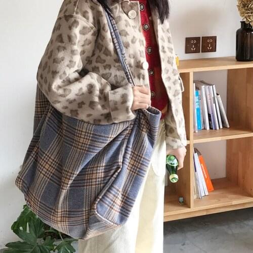 Women Woolen Canvas Plaid Pattern Vintage Bags Female Large Capacity Big Tote Handbag Ladies Casual Shoulder Bag