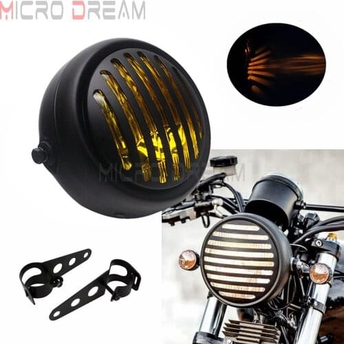 Universal Motorcycle Retro Headlight Grill Cover w/28mm-42mm Mounting Bracket Cafe Racer Head Light Amber 12V HI/LO Beam Lamp