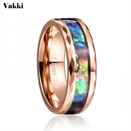 VAKKI 8MM wide 2.3MM thick electroplated rose gold batch flower inlaid abalone shell tungsten steel ring tungsten carbide