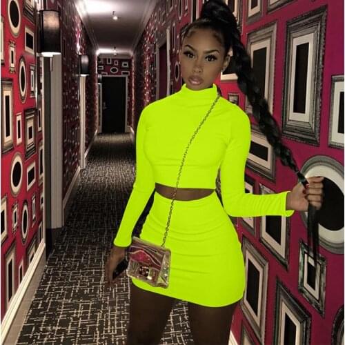 Spring Long Sleeve Turtleneck Crop Top Mini Skirt Set Solid Sexy fitness Bodycon Streetwear Club Outfits Matching Set