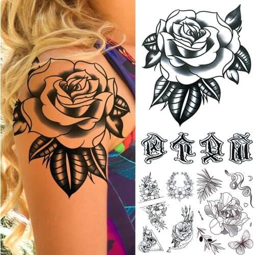 Large Rose Flower Temporary Tattoos For Women Girls Black Snake Butterfly Peony Tattoo Sticker Fake Geometry Tatoos Waterproof