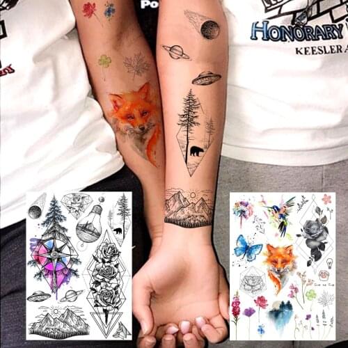 Rose Flower Fox Temporary Tattoos For Women Men Fashion Lavender Hummingbird Tattoo Fake Pine Star Disposable Body Arm Art Tatoo