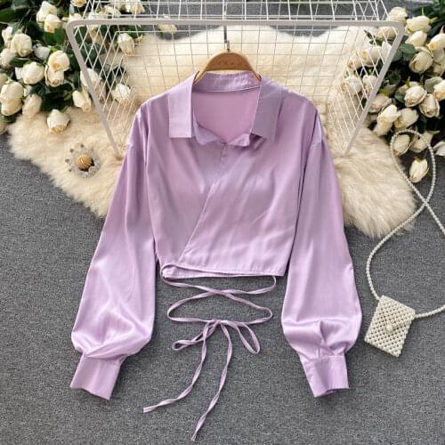 2021 Spring Summer Womens Blouse French Commuter Solid Color Lapel Tie Short Top New Waist Female Slim Tops FC341