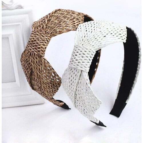 New Fashion Straw Headband Women Hair Accessories Bohemian Bowknot Hairband Wholesale Wide Hair Hoop