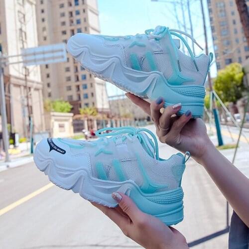 2021 Spring Womens Vulcanize Shoes Fashion Outdoor Lace-up Platform Breathable Mesh Sneakers Comfortable Light Casual Dad Shoes