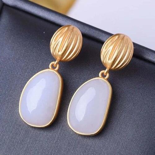 Silver natural Hetian white jade oval irregular Earrings Chinese style retro minority design elegant charm womens brand jewelry