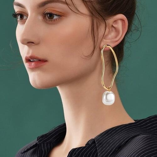 POXAM Fashion Korean Simple Pearl Unique Hanging Earrings For Women Gold Colour Statement Dangle Earings 2021 Wedding Jewelry