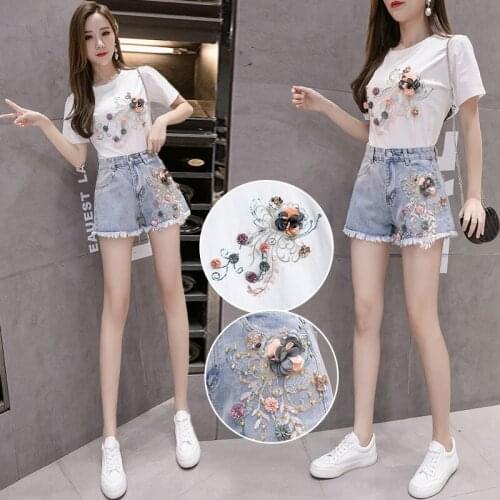 Summer Set embroidery Flower Short Sleeve Cotton T-Shirt Jeans shorts Two Piece Set Female Tee Tops Hot Denim pants Suit Outfits