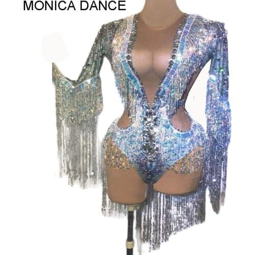 Women Sparkling Silver Rhinestone Sequin Tassel Party Bodysuit Stretch Dance Fringes Jumpsuit Club Dj Singer Leotard Stage Wear
