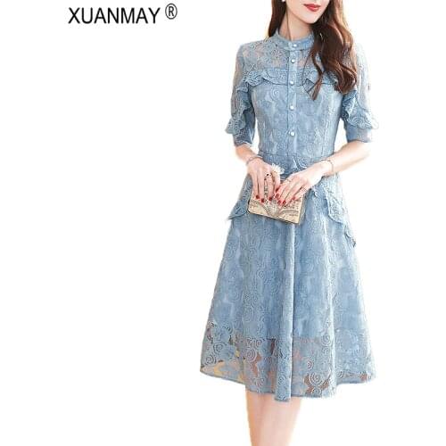 2019 Summer Vintage Lace Dress Fashion Design Chiffon Long Style Shirt Dress Elegant Summer Womens Lace Chiffon Dress