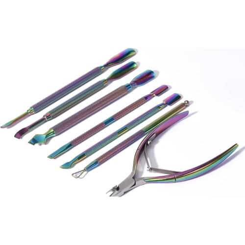 1PC Rainbow Stainless Steel Cuticle Pusher UV Gel Polish Double Sided Stick Dead Skin Remover Nail File Nail Care Nail Art Tools