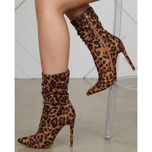 Sexy Leopard Print Women Ankle Boots Lycra Pointed Toe Zipper High Heel Short Boots High Quality Winter Sock Boots Shoes