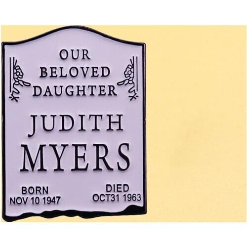 Judith Myers Tombstone Enamel Pins Metal Letter Brooch Men Women Hat Clothes Bag Lapel Badges Fashion Jewelry Ornaments