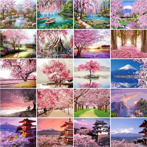 HUACAN Painting By Numbers Landscape HandPainted Art Gift Cherry Blossoms Scenery Drawing Canvas Home Decor 60x75cm DIY Frame