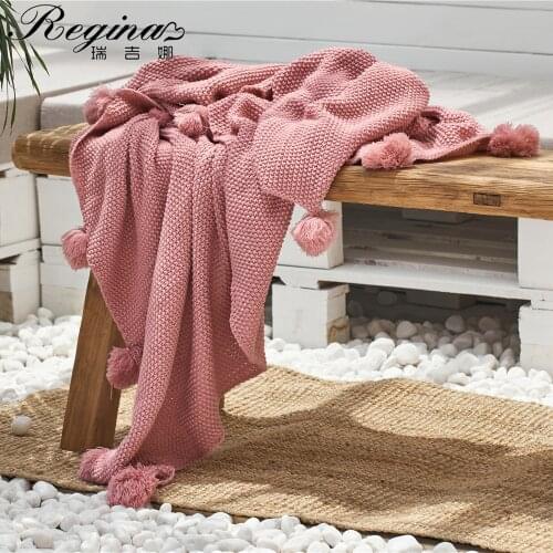 REGINA Delicate Osmanthus Needle Throw Blanket Wine Pink Pompoms Knitted Blanket Homestay Bed Flag Women Shawl Office Cute Throw