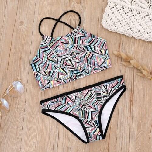 -14 Year Girls Swimsuit Girls swimwear Two Pieces Bandage Design Kids Bikini set Biquini Leaf Print Beach Bathing Suit298