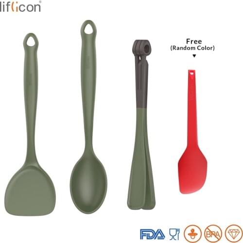 Liflicon Silicone Utensils Turner Spoonula Food Tong Utensil Set for Cooking Non-stick Long Handle Cooking Tools Dishwasher Safe