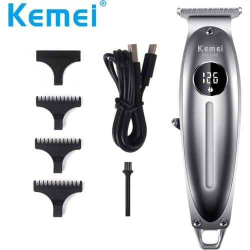 Kemei All Metal LCD Professional Hair Clipper Men Electric Cordless Hair Trimmer 0mm Baldheaded T Blade Finish Haircut Machine