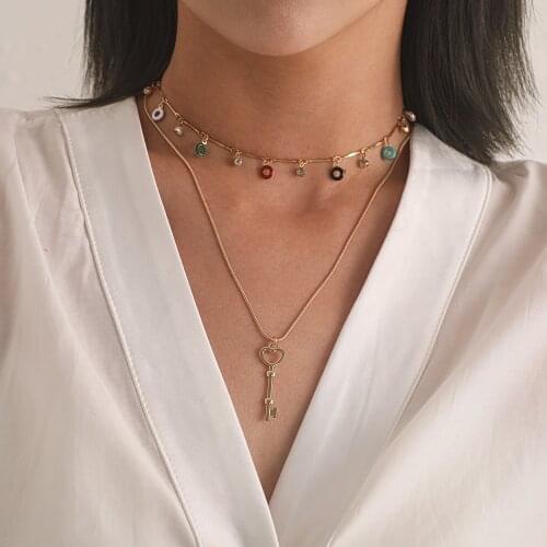 Fashion Colored Crystal Key Pendant Necklace Charm Women Personality Double Layer Long Sweater Chain Chokers Necklaces