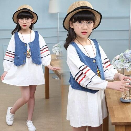 2020 new girl kids spring autumn clothing set white dress+denim vest jacket,girls children fashion casual suits