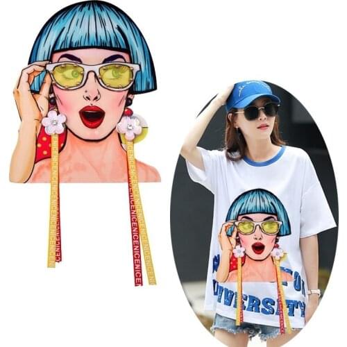 New Fine Cartoon Printing Beauty Girl Big Cloth Embroidery Stickers for Clothing Sew On Sexy Girl Appliques Diy Frenulum Decor