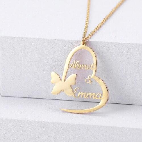Gold Plated Heart Butterfly name Necklace Custom Personalized Heart Dounle Nameplate Pendent Necklace For Women Jewelry Gifts