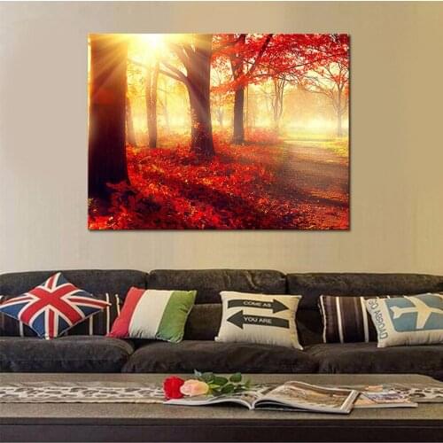 Canvas Prints Poster Living Room Wall Art Decor 1 Piece/Pcs Sunshine Red Woods Paintings Trees Leaves Scenery Pictures Framework