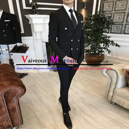 Casual Striped Mens Suits Formal Business Slim Fit Blazer Wedding Tuxedo Groom Wear 2 Piece Sets (Jacket+Pants) Terno Masculino
